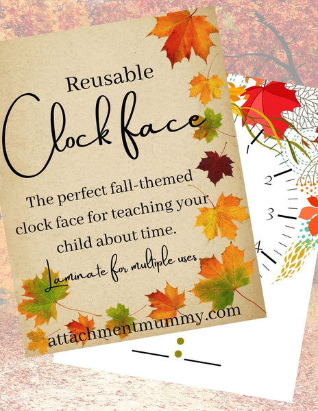 Fall-themed Learning Clock Face for Kids printable